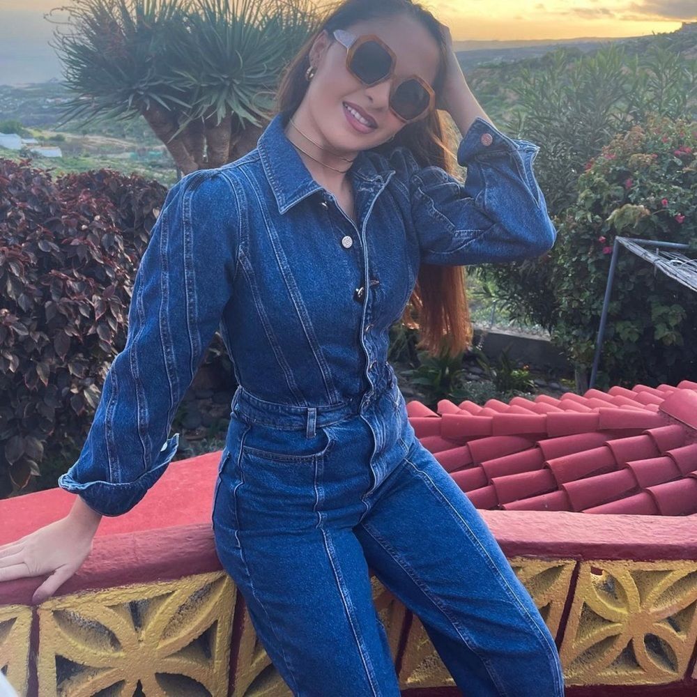 Mango Denim Jumpsuit Pufffed Sleeves New - Picture 5 of 6